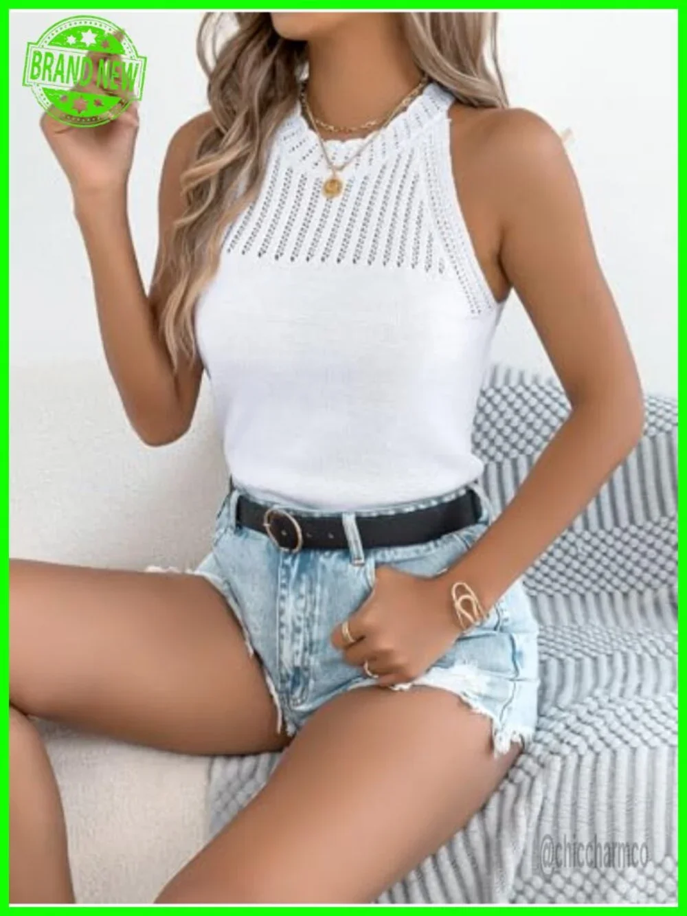 Hollow Out Knitted Tank Top Sleeveless Crew Neck Pullover Vest